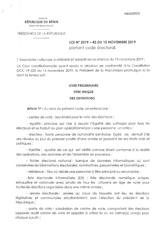 Loi N 2019 43 Du 15 Novembre 2019 Textes De Lois Collection De Texte De Lois De L Assemblee Nationale Du Benin